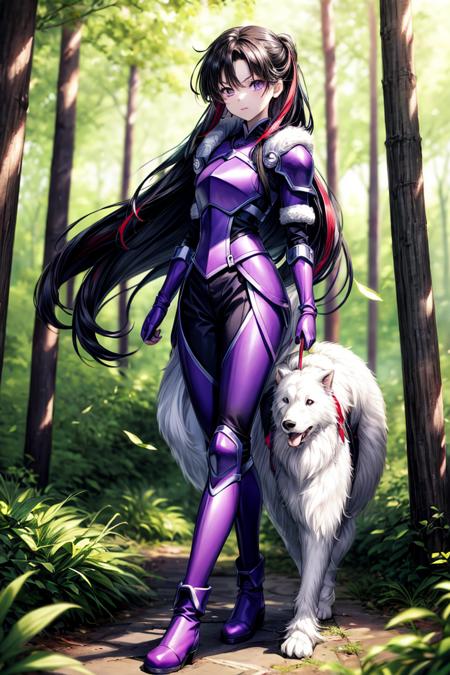 Setsun4 long hair, black hair purple eyes multicolored pants armor fur trim