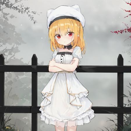 Noel Cornehl,1girl, yellow hair, white hat, white dress, red eyes, arms behind back , standing,  <lora:Noel_Cornehl_XL_v1_AutoRunMech:0.87> <lora:SimplePositive_XL_v1_AutoRunMech:2>