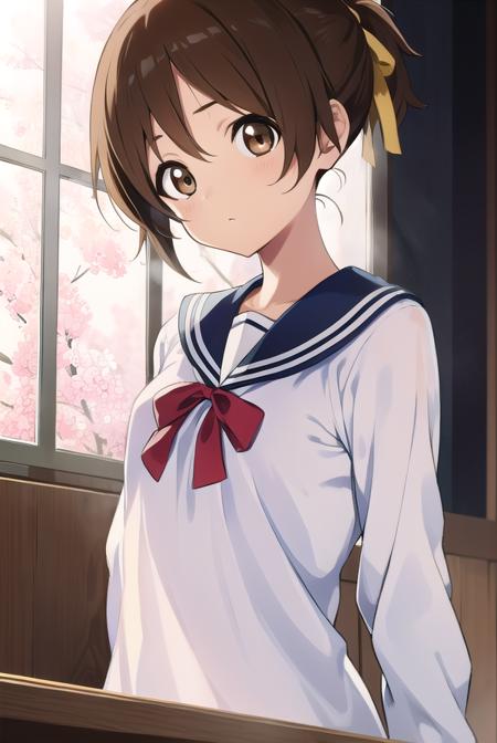 konuihirasawa, <lyco:uihirasawa-LYCORIStest:1>,
ui hirasawa, (brown eyes:1.5), brown hair, ponytail, short hair, (flat chest:1.2),
BREAK sakuragaoka high school uniform, school uniform,
BREAK looking at viewer,
BREAK indoors, classroom,
BREAK <lora:GoodHands-vanilla:1>, (masterpiece:1.2), best quality, high resolution, unity 8k wallpaper, (illustration:0.8), (beautiful detailed eyes:1.6), extremely detailed face, perfect lighting, extremely detailed CG, (perfect hands, perfect anatomy),