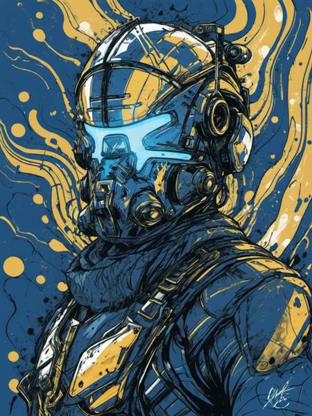 a helmeted muscular and skinny man,glowing eyes,abstract dark fluid art,(blue, gold and marble:1.2),(splash:1.2),swirls,(half body:1.1),flow,dynamic,(contrast:1.2),line art drawing prompt . professional, sleek, modern, minimalist, graphic, line art, vector graphics