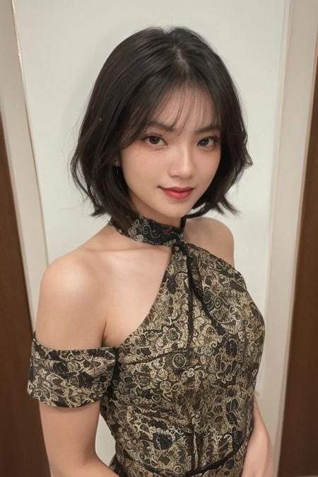 oone pretty japanese girl, solo, black hair , (messy short hair), collarbone, big tits, cleavage, necklace, jewelry, orange patterned dress, looking at viewer, indoor, bokeh, upper body, film grain, cowboy shot, epiCPhoto, (extreamly detailed pupil, extreamly detailed eyes,(proportional eyes, same size eyes),perfect eyes looking, bright eyes,(detailed eyes), long eyelash, downing eyes), (looking at viewer),((proportion body)), (extreamly detailed face, extreamly detailed eyes, extreamly detailed nose, extreamly detailed lips), ((shiny skin)), ((jawline, strong jawline), ((dimple)), collar choker, Messy long hair, epiCPhoto,BadDream , ((smirk))