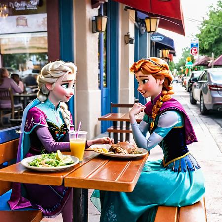 elsa and anna having lunch at a local restaurant, noon, sidewalk, table