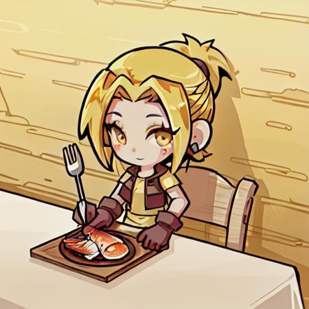 solo, senna, human, female, chibi, yellow eyes, gloves, sitting, table, cooked fish, plate, fork, wooden walls <lora:pk_senna-000008:0.8>