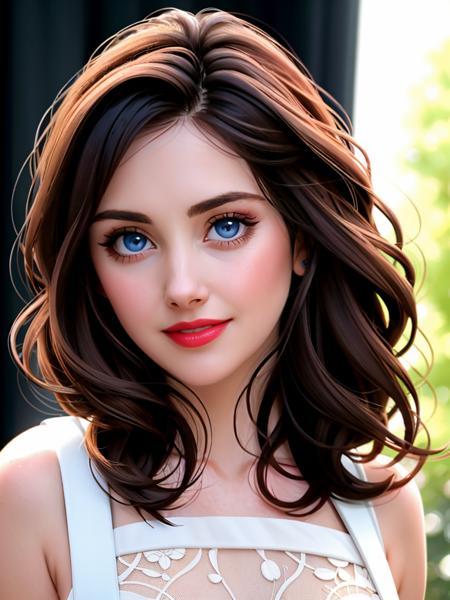 Realistic photo of a beautiful 4l1s0nb woman, 1girl, solo, long hair, looking at viewer, smile, blue eyes, simple background, brown hair, black hair, bare shoulders, upper body, lips, makeup, portrait, realistic, red lips, soft lighting, professional Photography, Photorealistic, detailed, RAW, analog, sharp focus, 8k, HD, high quality, masterpiece<lora:4l1s0nb:1.0>