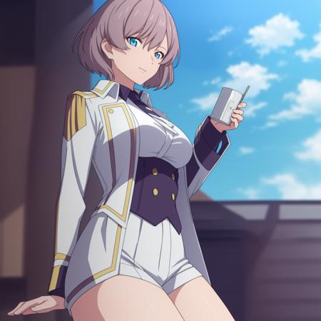 ((masterpiece)),((highres)),((best quality)),((highly detailed)),((extremely detailed CG unity 8k wallpaper)),illustration,mujina,medium breasts,facing viewer,blue sky,white cloud,light smile,bare legs,solo,