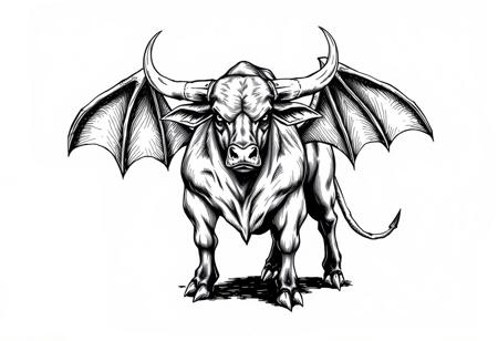 fantasy, ink art, comic style art, bull is standing with four feet, feet has 3 claws, bat wings