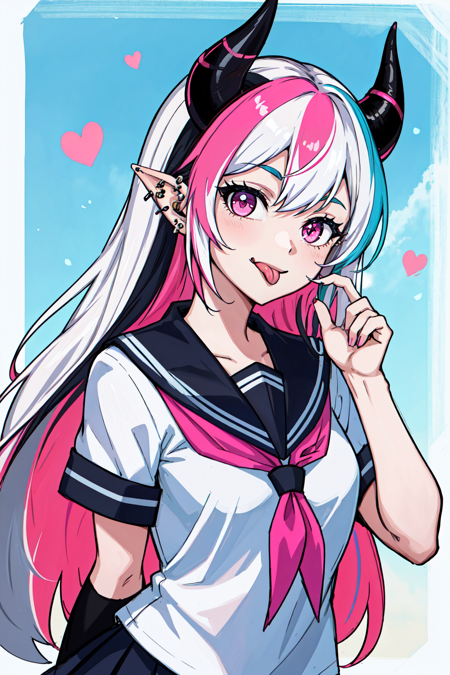 1girl, :q, black hair, blue hair, ear piercing, hair horns, long hair, looking at viewer, multicolored hair, piercing, pink eyes, pink hair, school uniform, serafuku, smile, solo, tongue, tongue out, v, white hair