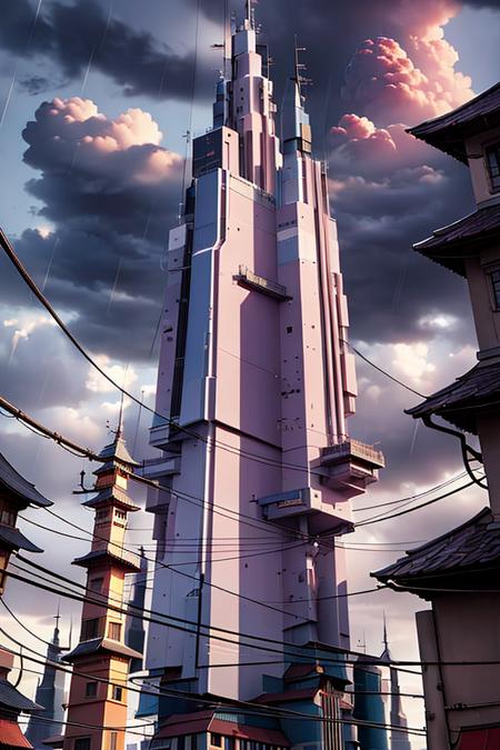 lanscape, amegakure  buildings, towers, dawn, cables, heavy rain, purple sky cloud, pipes, electricity, fog, cloudy sky, anime style, ghibli style,  ray of lights, <lora:ARWAmegakure:1>