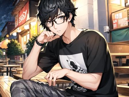 masterpiece, best quality, highres, extremely detailed CG unity 8k wallpaper, illustration of dsjoker, black hair, glasses, black-framed eyewear, grey eyes, (t-shirt:1.1), plaid pants, 1boy, solo, male focus, sitting, outdoor cafe, night, detailed background, (persona 5:0.5)
<lora:dsjoker_e1:0.75>