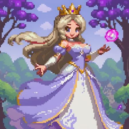 Create a character in a cartoon-style video game: a princess with a well-proportioned, curvaceous figure. She should radiate regal elegance and charm, with flowing hair and a beaming smile. Her attire is royal and enchanting, capturing the essence of fantasy. The environment around her is whimsical and vibrant, reflecting the magical realm she reigns over, <lora:pixelgirl:0.8>