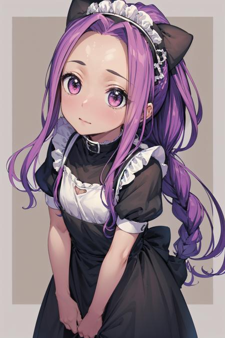 1girl, looking_at_viewer, solo, highres, masterpiece,  <lora:Ana:0.65>, Ana, (pink hair:0.6), (purple hair:0.7), braided ponytail, small breasts, closed mouth, embarrassed, (child), maid apron, maid headdress,