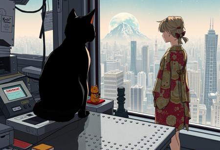 Jiji the cat from Kiki's Delivery Service sits on a cluttered metal riveted desk next to a maneki neko statue and a small Nintendo NES, Jiji is looking out of a floor to ceiling window that looks out at a very high view from an apartment on the 150th floor of a futuristic Tokyo skyscraper, the year is 2150,  (((Kiki from Kiki's Delivery Service, 20 years old, is standing next to the cat looking out at planet below))), Kiki is dressed in an ornate Japanese style bath robe.  The woman's hair is messy from just waking up and tied up with a ribbon. Artistic cyberpunk, dynamic perspective, The focus is on Jiji and Kiki standing together looking out the window at the view together,