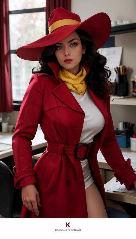 straight-on, upper body, solo, BREAK
CARTOON_carmen_sandiego_ownwaifu, www.ownwaifu.com, carmen_sandiego,
long hair, black hair, lipstick, makeup, red lips, breasts, lips, blue eyes, mature female, curly hair, dark skin,  long legs, narrow waist, curvy, 
trench coat, witch hat, belt, red headwear, black gloves, red coat, long coat, scarf, yellow scarf, buttons, big hair, 
<lora:CARTOON_carmen_sandiego_ownwaifu-15:0.85> ,, official art,extremely detailed CG unity 8k wallpaper, perfect lighting,Colorful, Bright_Front_face_Lighting,shiny skin, (masterpiece:1.0),(best_quality:1.0), ultra high res,4K,ultra-detailed, photography, 8K, HDR, highres, (absurdres:1.2), Kodak portra 400, film grain, blurry background, (bokeh:1.2), lens flare, (vibrant_color:1.2),professional photograph, (beautiful_face:1.5),