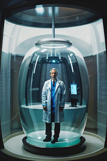 fantchar, a futuristic doctor trapped in a giant glass jar on an alien space ship, realistic, intricate, highly detailed