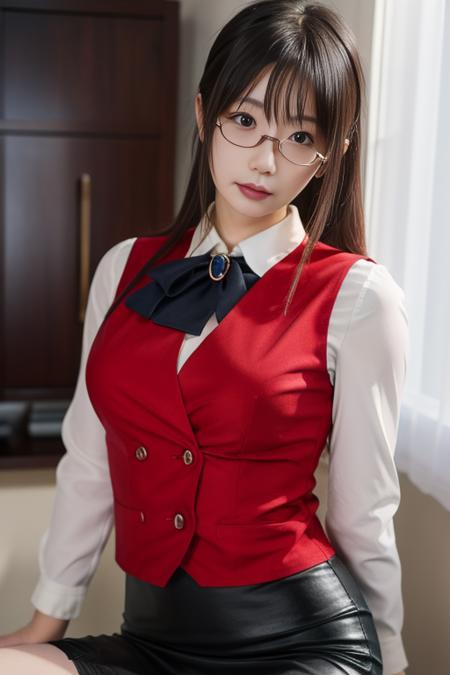 ultra-detailed,highly detailed,best quality,masterpiece,illustration,upper body, looking at viewer,
1girl, solo, mizuho kazami,uniform,
collared shirt,red vest,black pencil skirt,pantyhose, high heels, 
<lora:mizuho kazami_v1_06:0.7>
