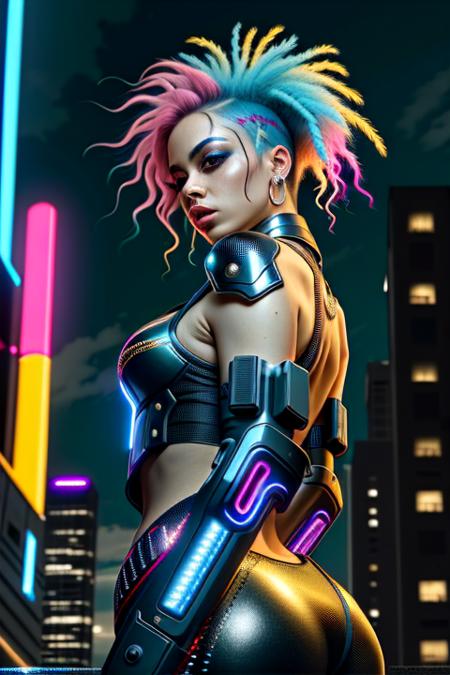 A photo of a fierce cyberpunk female, with vibrant neon-colored hair styled in an intricate futuristic fashion.  The backdrop is a sprawling cyberpunk cityscape, filled with towering skyscrapers and holographic advertisements. The streets below are bustling with futuristic vehicles and neon lights, creating a vibrant and dynamic atmosphere. The camera is positioned at a low angle, capturing her empowered and confident stance.
 <lora:CyberPunk4:0.4>