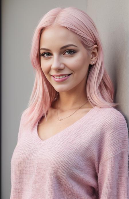 woman,pastel pink hair,portrait,reality,highres,realistic,photo_ (medium),mid_shot,front view,cinematic_angle,skinny,adult,kind_smile,raw photo,8k