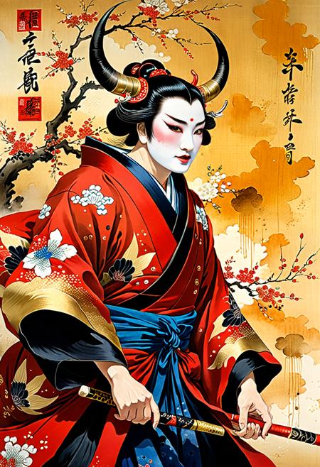 ((masterpiece)),best quality,((illustration)),original,extremely detailed wallpaper,(((beijing opera))),(sketch),((wash painting)),((ink splashing)),((((dyeing)))),((Chinese painting)),((beijing opera))),(sketch),(wash painting),(ink splashing),dyeing,((Chinese painting)),((a mythical ferocious animal)),{{The bull}},{{ long horns}},{{With wings on its back}},(Red and black wings),(solo),mountain,Big and strong,Diabolical,Tyrannical,{{{Ukiyo-e_style}}},{{flat_style}},{simple_colors},{{{masterpiece}}},{katsushika_hokusai},{chinoiserie},{{{best_quality}}},kimono,{{ultra-detailed}},{illustration},{{an_extremely_delicate_and_beautiful}},{Gorgeous and rich graphics},<lora:add-detail-xl:1.5>,<lora:xl_more_art-full_v1:0.3>,