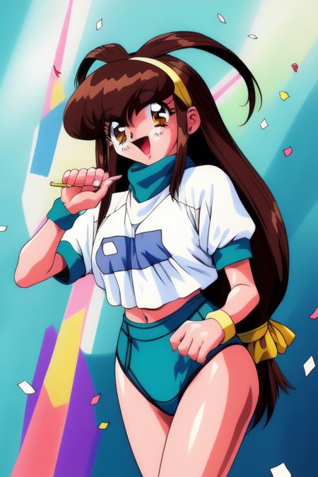 KanzakiAkari, 1girl, soro, brown_hair, hairband, brown_eyes, long_hair, antenna_hair, low-tied_long_hair, 1990s_(style), retro_artstyle, KanzakiAkari, 1girl, soro,