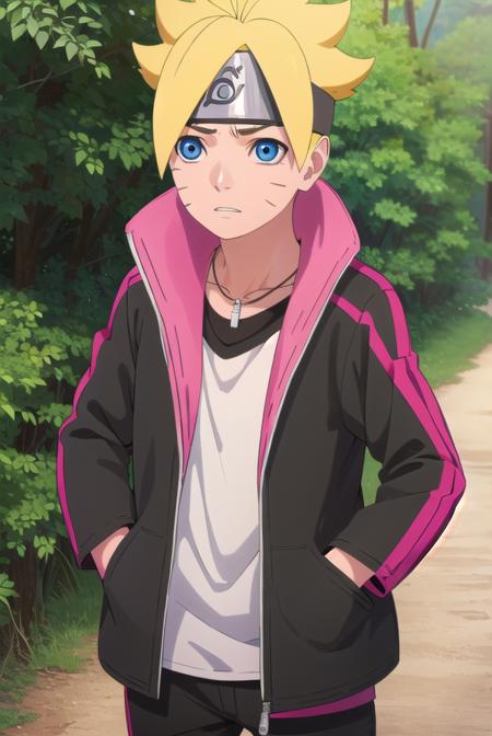 borutouzumaki, <lora:boruto uzumaki-lora-nochekaiser:1>,
boruto uzumaki, short hair, blue eyes, blonde hair, male focus, facial mark, spiked hair, whisker markings, forehead protector,
BREAK shirt, long sleeves, jewelry, jacket, white shirt, open clothes, pants, necklace, open jacket, black jacket, black pants,
BREAK outdoors, forest, nature, trees, grass, sky, clouds, sun,
BREAK looking at viewer, (cowboy shot:1.5),
BREAK <lyco:GoodHands-beta2:1>, (masterpiece:1.2), best quality, high resolution, unity 8k wallpaper, (illustration:0.8), (beautiful detailed eyes:1.6), extremely detailed face, perfect lighting, extremely detailed CG, (perfect hands, perfect anatomy),