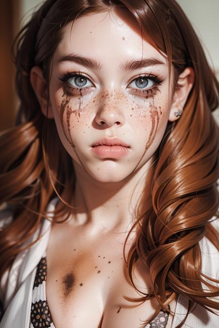 ru1n3dm4k3up, ruined makeup, mascara tears,<lora:ru1n3dm4k3up:0.7>  <lora:detail_slider_v4:1> <lora:Fr3ckles:0.7> Fr3ckles, freckles, ginger hair, medium breasts, long hair,  grey eyes, <lora:weight_slider_v2:0.8> solo, portrait,