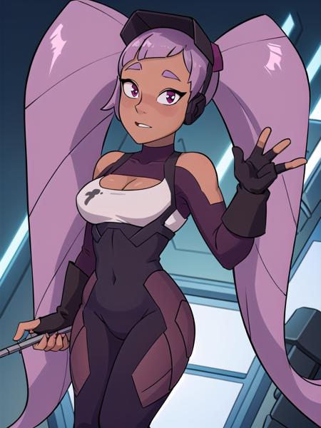 (Ultra detailed:1.3), (1girl), masterpiece, 8k HDR, hires, high resolution, best quality, beautiful eyes, perfect lighting, (sharp focus), (solo), <lora:Entrapta:0.9> (Entrapta), long hair, twintails, purple hair, dark skin, bodysuit, dynamic pose