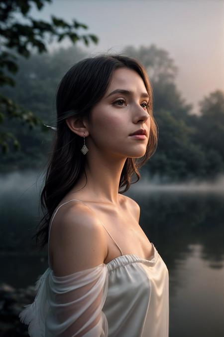 PoppyD_SoloTI_v1,  
(In a flowing white silk blouse, with delicate feather earrings, for a whimsical and graceful look), (A tranquil lakeside at dawn, with mist rising from the water and birds gliding overhead, the first light of day casting a soft glow, ethereal atmosphere:1.3), (seductive:1.3),(analog, cinematic, film grain, hazy atmosphere, cinematic shot:1.3), 
<lora:add_detail:0.6>,<lora:LowRa:0.2>, PA7_Portrait-MCU,