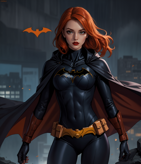 batgirl batgirl, suit, orange hair, cape, bodysuit, cape, lipstick, covered legs 