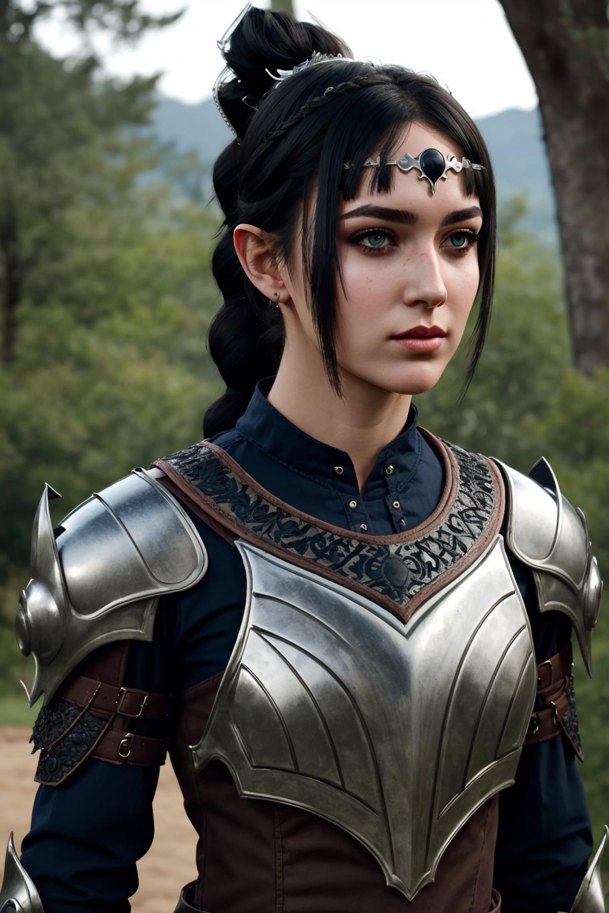 A woman wearing a chainmail armor and a blue dress, looking into the camera.