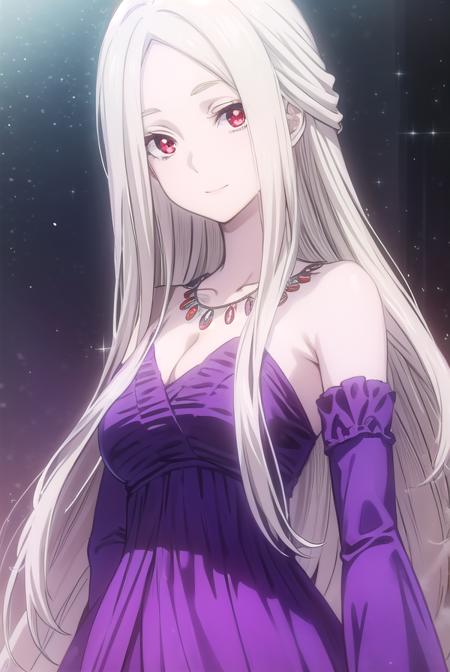 leonora nakiri, long hair, (red eyes:1.2), white hair, pale skin, (forehead:1.2), dress, cleavage, bare shoulders, jewelry, necklace, purple dress,