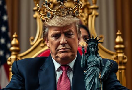 Donald Trump as the King of the USA: Donald Trump sits on a throne, proudly wearing a crown adorned with cryptocurrency symbols (Bitcoin, Ethereum, Dogecoin) instead of traditional jewels. His expression is fierce and triumphant, a smirk playing on his lips, embodying the power of a self-declared “King of the USA.”
Kamala Harris in the Background: Positioned more prominently in the background, Kamala Harris stands in clear view, tears visible as she gazes downward, conveying a sense of sorrow or defeat. She’s supported by a small Statue of Liberty figure that tugs on her gently, as if to encourage her forward or console her in her despair.
Visual Details: Shot with Panavision Cine Prime lenses, with high-quality color correction that enhances both realism and contrast in a docufiction style. The scene is vivid yet atmospheric, with rich colors and textures that highlight Trump’s imposing presence while emphasizing Harris’s emotional expression and the subtle symbolism in the Statue of Liberty’s supportive gesture.