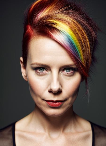 portrait of sks woman by Flora Borsi, style by Flora Borsi, bold, bright colours, rainbow Mohawk haircut, ((Flora Borsi)), <lora:locon_amyryan_v1_from_v1_64_32:1>