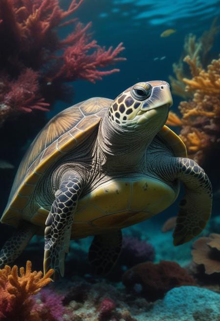 Create a ((wallpaper painting)) picture of one turtle underwater,  traditional finish, wallpaper style, vibrant beautiful colors, highly detailed, aesthetic, great lighting, extremely detailed,  award winning, perfect composition, a rich and complex image of nature, a vibrant tissue of hues and textures captured digitally, best quality, realistic, captivating, intricately detailed, hyper detailed, maximalist style, photorealist, sharp focus, dynamic lighting, superb composition, finest details, highest aesthetics, best quality, sharp focus, high contrast, stylized, clear, colorful, ultra quality, 8k, best quality, masterpiece,midjourneyv6.1, double exposure, g