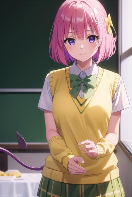 momodevilluke, <lora:momo deviluke darkness-lora-nochekaiser:1>,
momo deviluke, demon tail, hair flower, hair ornament, (purple eyes:1.1), pink hair, short hair, tail, smile,
BREAK demon tail, green skirt, plaid, plaid skirt, sainan high school uniform, school uniform, skirt, sweater vest, thighhighs, (yellow sweater:1.5), short sleeves, bow, (green bow:1.5),
BREAK indoors, classroom,
BREAK looking at viewer, (cowboy shot:1.5),
BREAK <lyco:GoodHands-beta2:1>, (masterpiece:1.2), best quality, high resolution, unity 8k wallpaper, (illustration:0.8), (beautiful detailed eyes:1.6), extremely detailed face, perfect lighting, extremely detailed CG, (perfect hands, perfect anatomy),