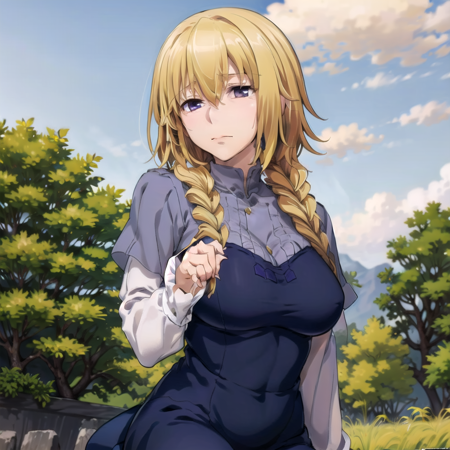 IsabelleRomee anime girl with blonde hair looking away from the camera and holding a hand near her face, 1girl, solo, blonde hair, purple eyes, braid, long hair, a female cartoon character with different colored braids is dressed in a blue dress, 1girl, breasts, braid, solo, blonde hair, posing, outdoors, nature background