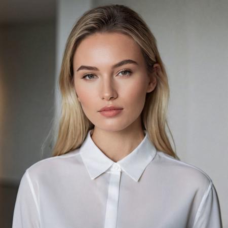 (static shot), front view woman looking at camera, (head-on), (close up), light on the face, photo of a stunning woman in a modern, impeccable white shirt, isolated in the background of a room with no depth of field , exquisite makeup, long natural blonde hair, professional lighting, incredibly beautiful and elegant, smooth and flawless skin, white woman with light eyes, pronounced cheekbones, refined face, 20 years old, lips closed, 8K, extreme realism, not animated