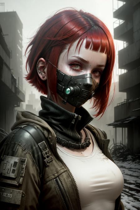 dystopianx style, RAW photo, a close up portrait photo of 30 y.o woman in wastelander clothes, redhair, short haircut, pale skin, slim body, background is city ruins, (high detailed skin:1.2), 8k uhd, dslr, soft lighting, high quality, film grain, Fujifilm XT3