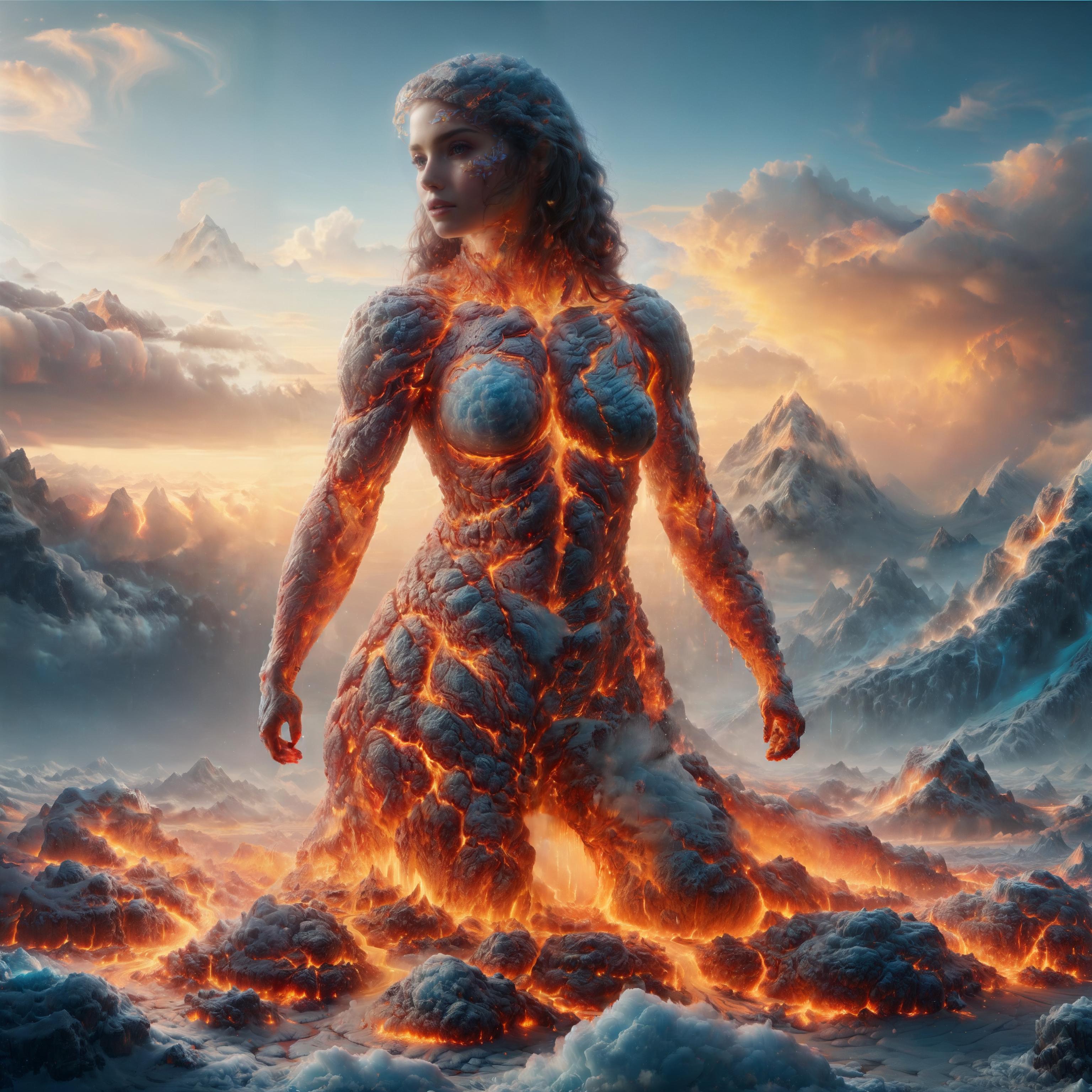 A woman with a fiery body sits on a volcanic mountain with clouds and mountains in the background.