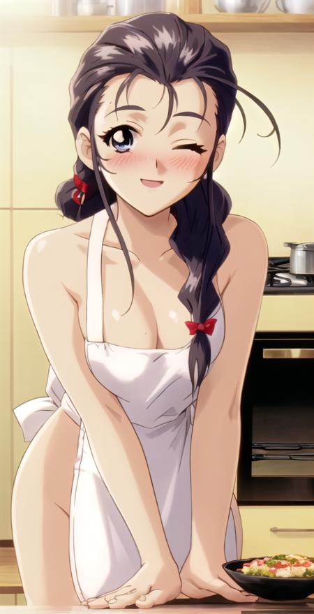 MR, 1girl, solo, upper body, close up, looking at viewer, blush, smile, kitchen, naked apron, cleavage, eye closed, ((leaning over table toward viewer)), ((depth)), stove, food cooking, hair over shoulder, perfect quality, good quality, masterpiece, HDR, UHD <lora:Megumi Reinard:0.8>