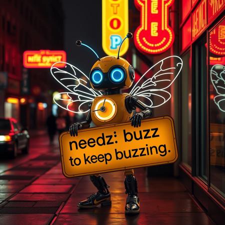 'neon Robot Bee' from Honey Nut Cheerios, Holding sign that reads "needz buzz to keep buzzing"
Dark street, wet streets, neon signs
