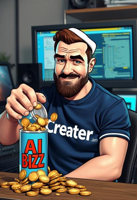 man similar to popeye the sailor with a t-shirt that says "AI Creator" in front of a computer crushing with his hand a can that says "BUZZ" from which many golden coins come out towards the computer