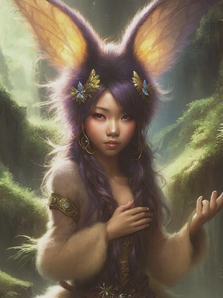 <lyco:WendyFroud:1.0> fantasy art of a beautiful teenage asian girl as a cute pooka fairy with an aura by brian froud and james paick