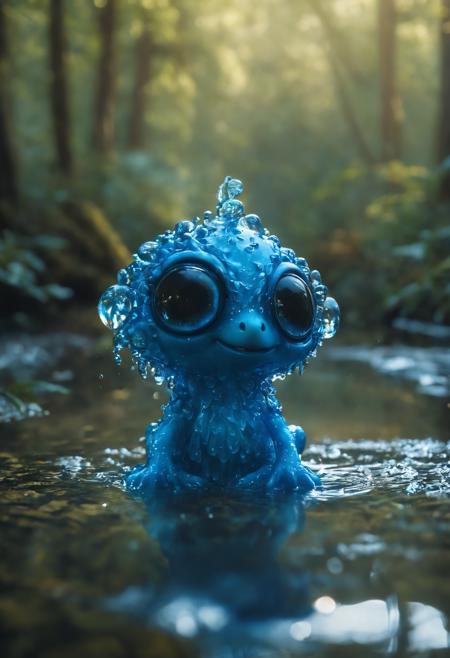 Medium shot, Adorable creature completely made of water, water shape, blue water creature, surrealistic, fantasy, moody lighting, best quality, full body portrait, real picture, intricate details, depth of field, in a forest, fujifilm xt3, outdoors, bright day, beautiful lighting, raw photo, 8k uhd, film grain, unreal engine 5, ray tracing