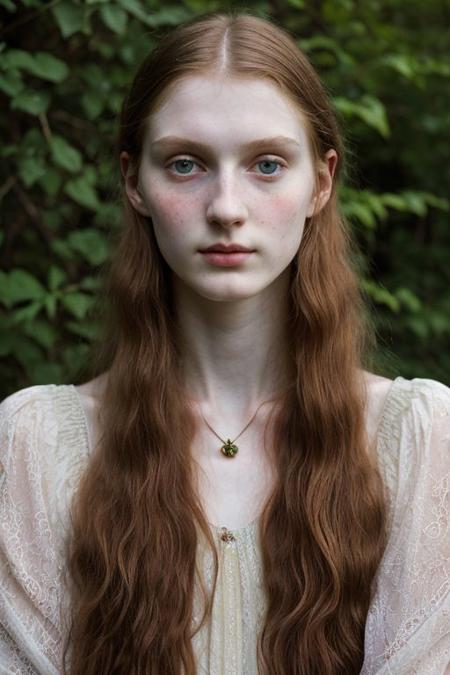 Pre-Raphaelite portrait of a tall 18 yo russians goddess, (oblong face, long neck, slender body), pale skin, smile, detailed skin texture, shot on film, vibrant colors,
