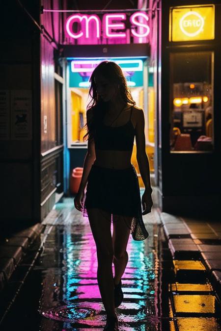 LanaSin
Amidst the rain-slicked sidewalk, she strides purposefully, each step leaving a soft ripple in the puddles below. The patter of raindrops adds rhythm to her journey, saturating her attire and hair with a glistening sheen. super bright headlight flash from Passing cars cast a fleeting halo of light around her figure as their headlights slice through the darkness. Meanwhile, vibrant neon signs lining the storefronts bathe her face in a surreal palette of electric blue, vivid pink, and neon green, painting her features with an otherworldly glow. Amidst this urban symphony, a streetlight bathes her in Rembrandt light, lending dramatic contrast and depth to her expression. Subtle rim lights contour her silhouette, adding dimension, while a soft hair light delicately accents the strands of her wet hair, completing the captivating scene.
