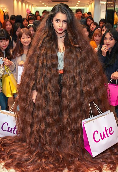 An Instagram photograph of a beautiful, extremely long-haired influencer shopping. Her hair is so voluminous that it nearly envelops her completely and it is spread around the floor at her feet. She has many friends around her, holding bags from various stores, with "Cute" written on one of them. The background features several girls adding to the cheerful atmosphere. This scene captures vibrant colors and lively expressions, showcasing fashion as part of daily life for these characters