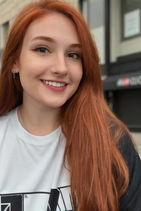 Photo of h4ruj199ly woman, detailed face, (blurred background)+, black tshirt, a woman with long red hair smiling