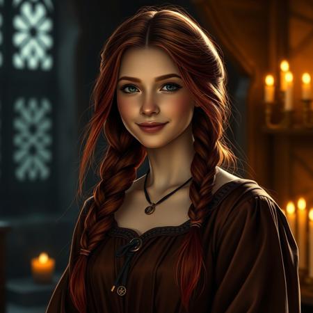 A graceful yong woman, red long hair in a single braid, radiant smile,  in an elegant brown medieval gown, amulet. Her expression reflects deep compassion and tenderness, a subtle smile hinting at the love and dedication she feels for her family.  medieval room illuminated by the soft, warm glow of candles. .
 Cinematic style, Illustration, Dramatic Chiaroscuro, Ethereal Beauty, High Resolution, hyper detailed, highly detailed, insanely detailed, beautiful, realistic, stunning, perfect lighting, mind blowing, award winning,
Cinematic style, Beauty, Realism, Photorealism,  High quality