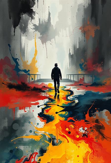 Strong moody style, precise architectural color photography. A person walks through a dreamscape, footsteps creating ripples of splattered, glowing paint. Fluid abstract storytelling, expressive ink drawing, vibrant color washes, surreal movement, flowing linework, layered textures, poetic depth, painterly composition, organic details, figures dissolving into color, sharp lines, detailed structures, wide angles, low contrast.