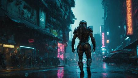 Predator, action, looking at viewer:1.3, cyberpunk, cyberpunk reimagined, cybernetic enhancement, night, heavy rain, wet, neon lights, (full body shot:1.2), (looking along street view:1.1), cinematic, 8k, HDR, photorealistic, best quality, high quality, masterpiece, hyper-realistic.